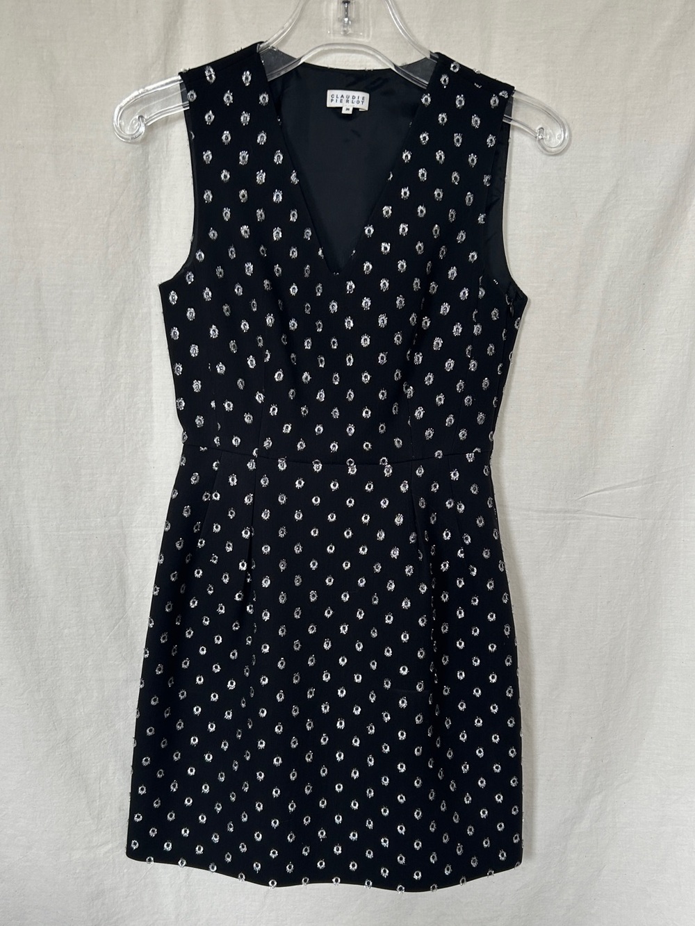 Claudie Pierlot Black Sleeveless V-Neck Mini Dress with silver Dot Motif